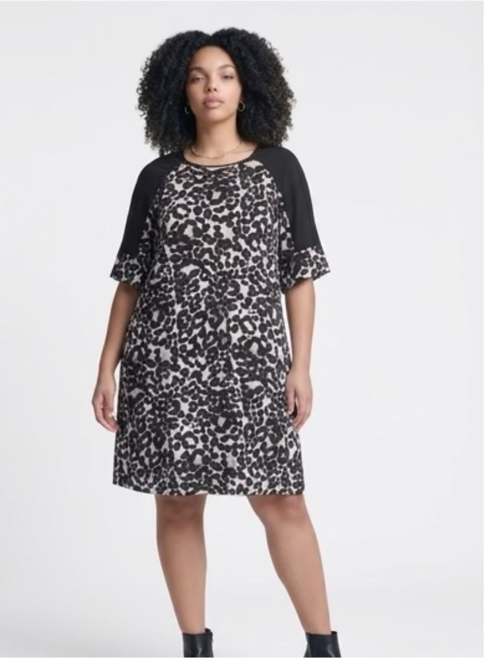 Leopard Print Midi Dress with Black Raglan Sleeves
